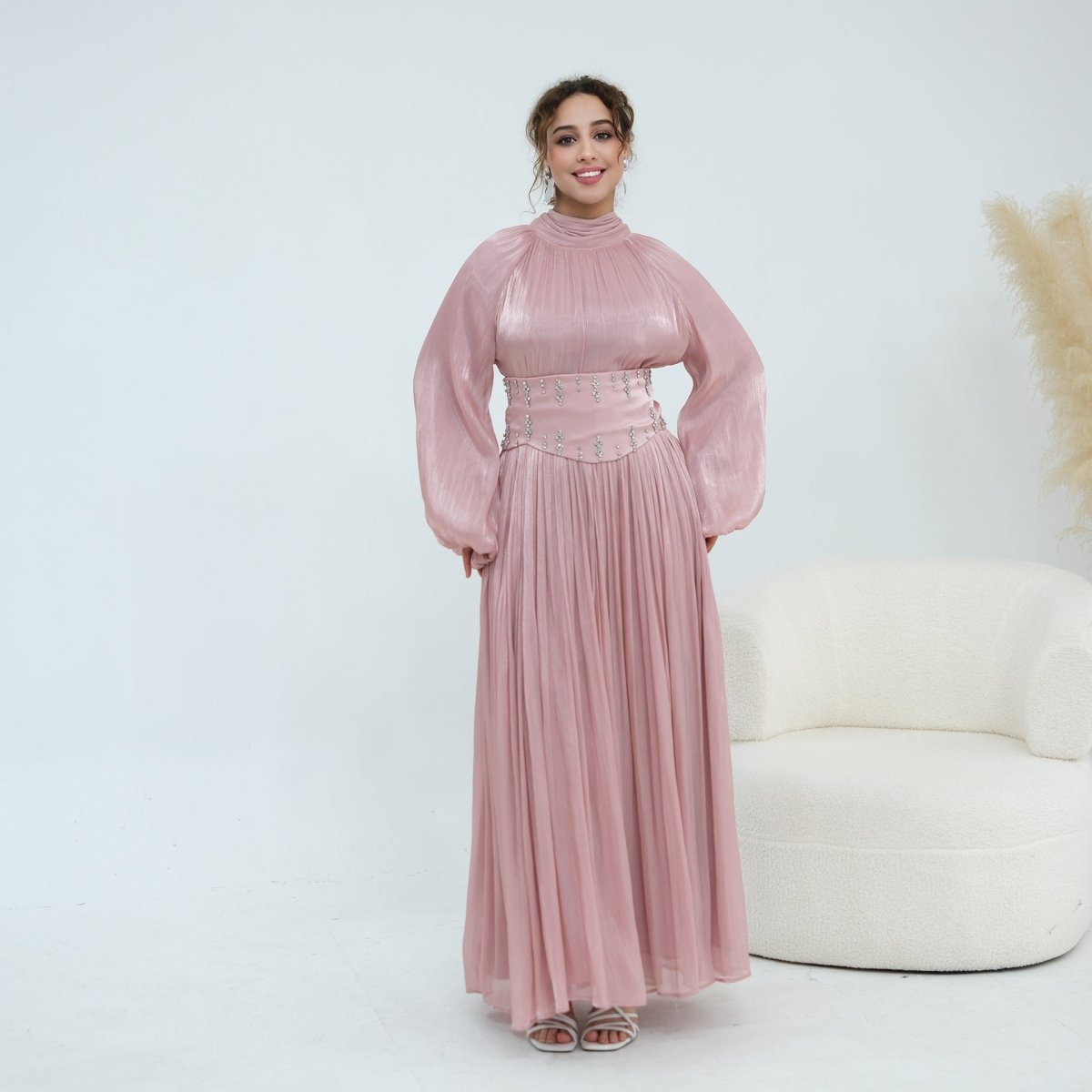 embellished maxi dress with long sleeves Crystal-Embellished Wide Belt Puff-Sleeve Dress(MS477) Brown / XL Champagne Satin Maxi Dress The embellished artwork on Royal Blue Quinceanera Dress Color:Tan 254