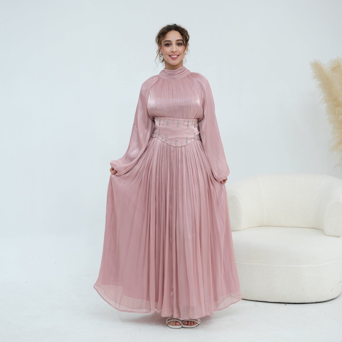 Crystal-Embellished Wide Belt Puff-Sleeve Maxi Dress(MS477) - Mariam's Collection