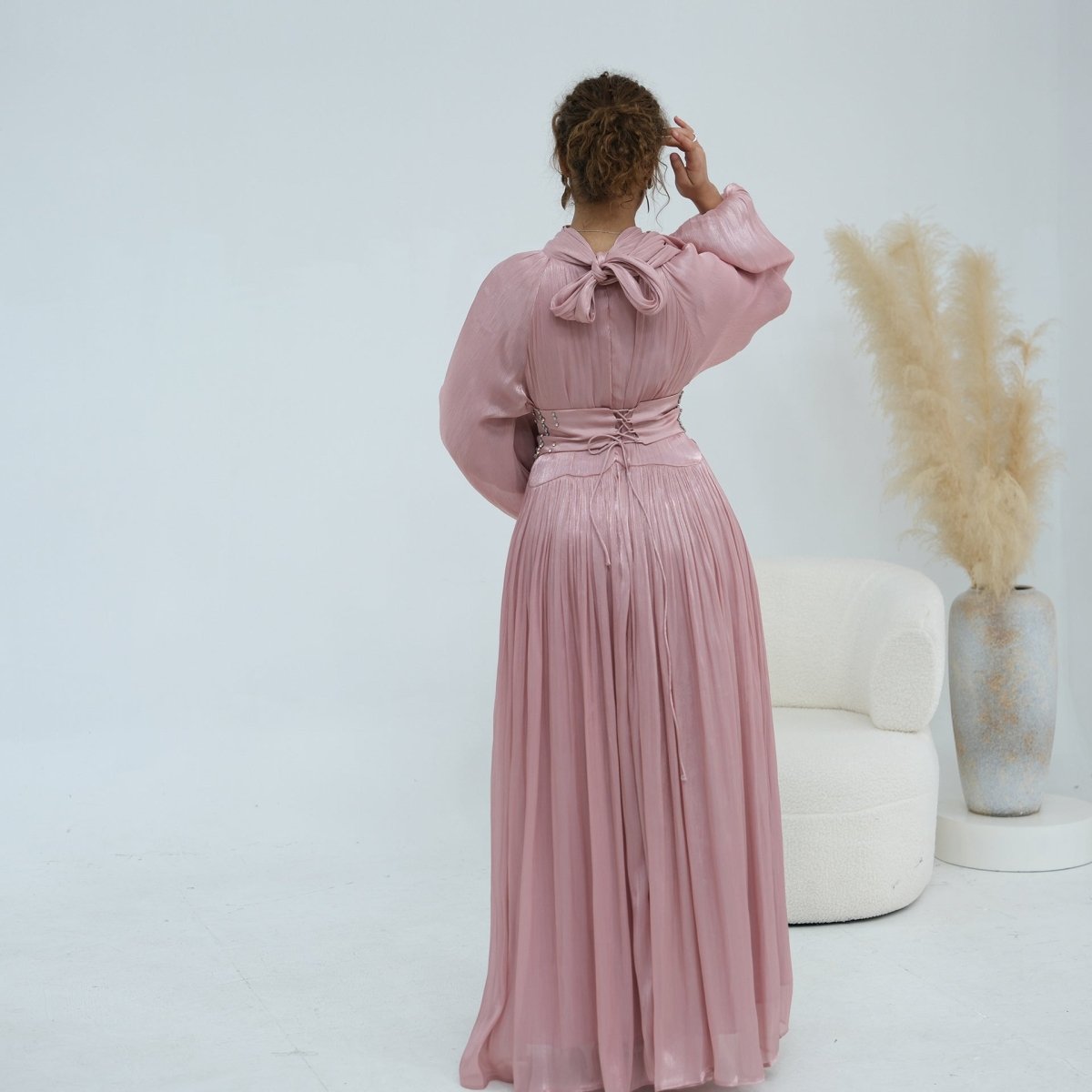Crystal-Embellished Wide Belt Puff-Sleeve Maxi Dress(MS477) - Mariam's Collection