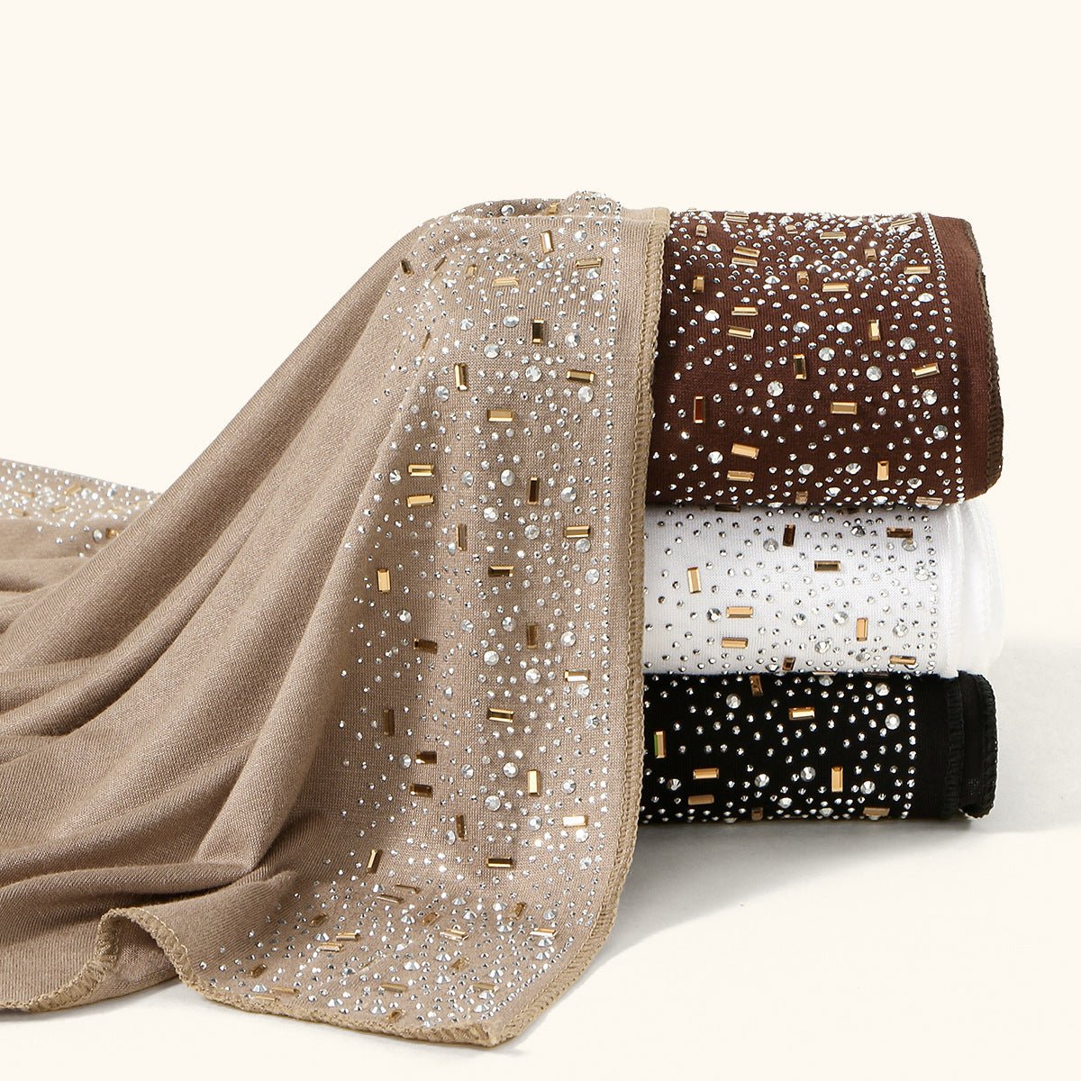 Crystal & Gold Baguette Rhinestone Embellished Hijab Scarf(MH254) - Mariam's Collection