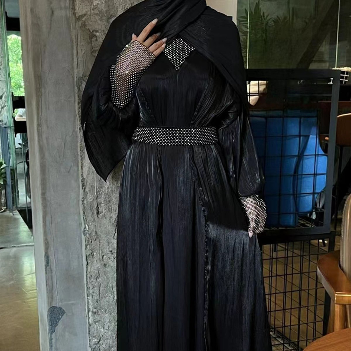 Crystal Mesh Embellished Abaya Set(MOA258) - Mariam's Collection