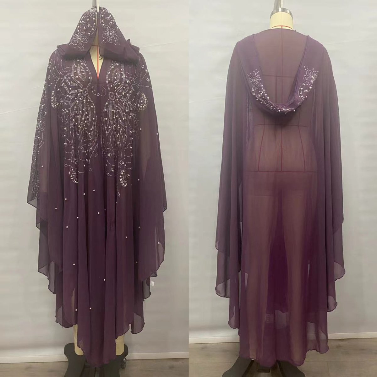 Crystal & Pearl Embellished Hooded Cape Abaya(MA366) - Mariam's Collection