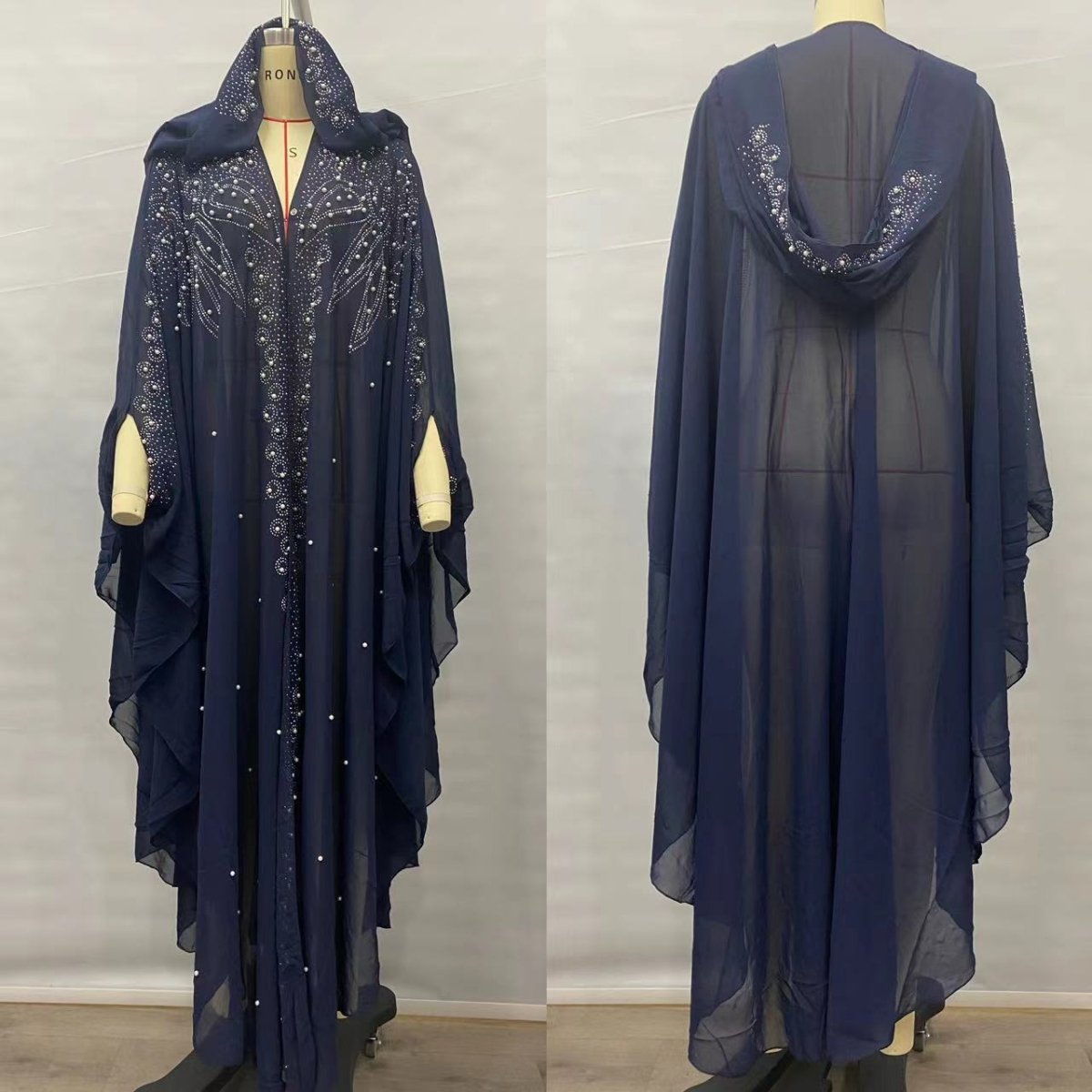 Crystal & Pearl Embellished Hooded Cape Abaya(MA366) - Mariam's Collection