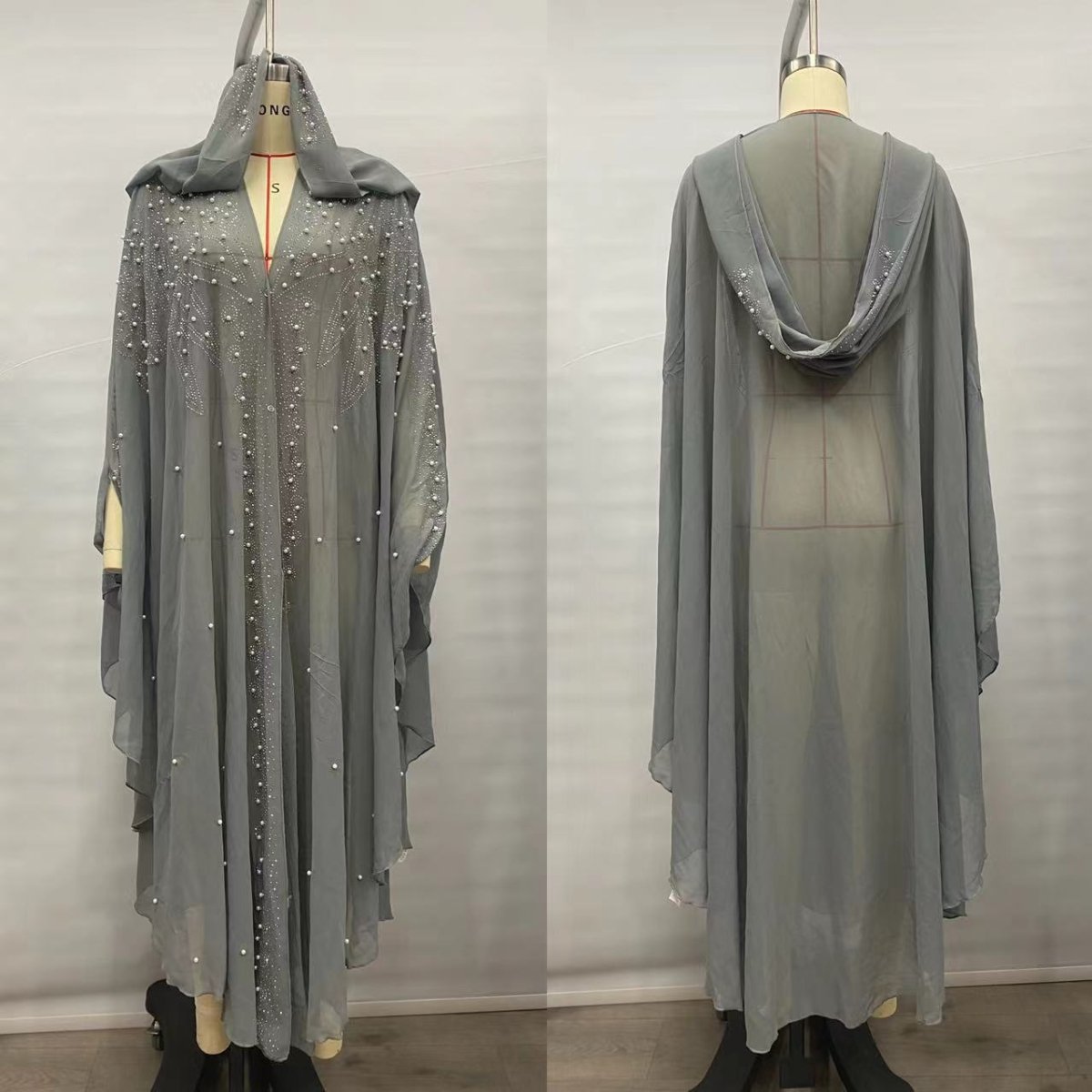 Crystal & Pearl Embellished Hooded Cape Abaya(MA366) - Mariam's Collection