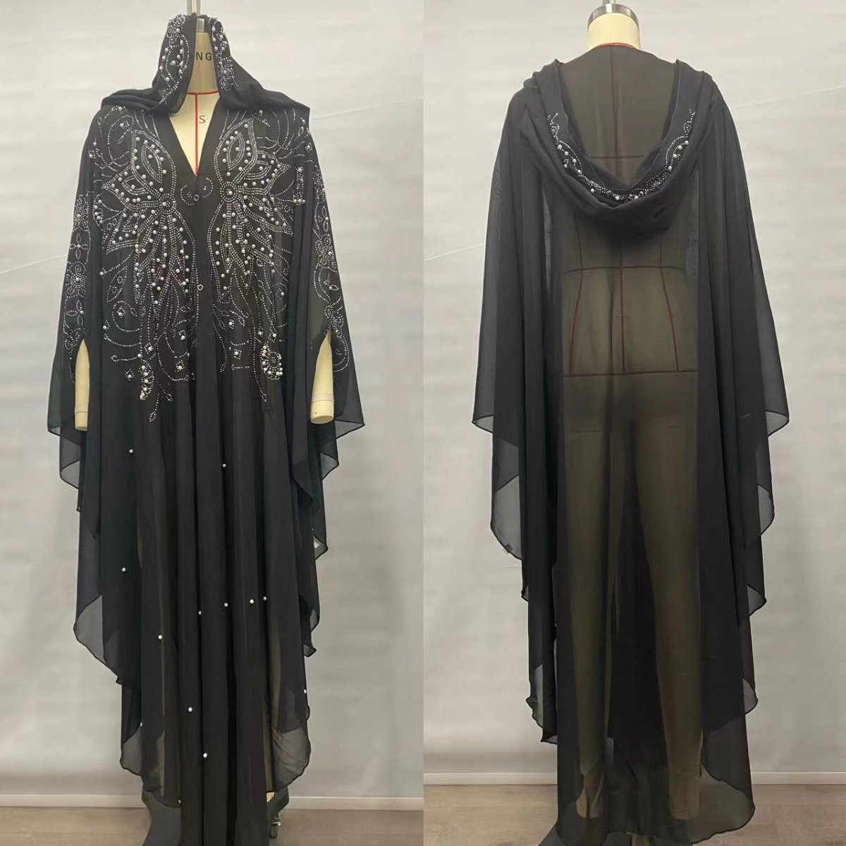 Crystal & Pearl Embellished Hooded Cape Abaya(MA366) - Mariam's Collection
