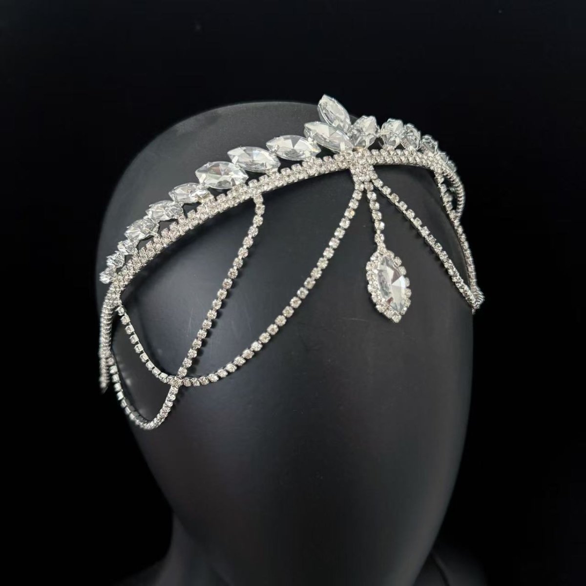 Crystal Tiara Headband with Cascading Forehead Chain (MAC330) - Mariam's Collection
