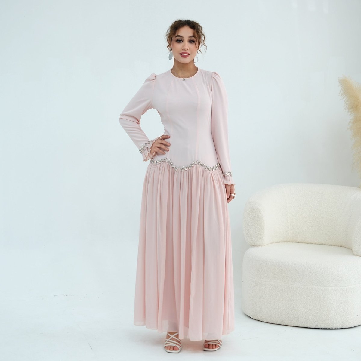 Modest wedding guest maxi dress front styling