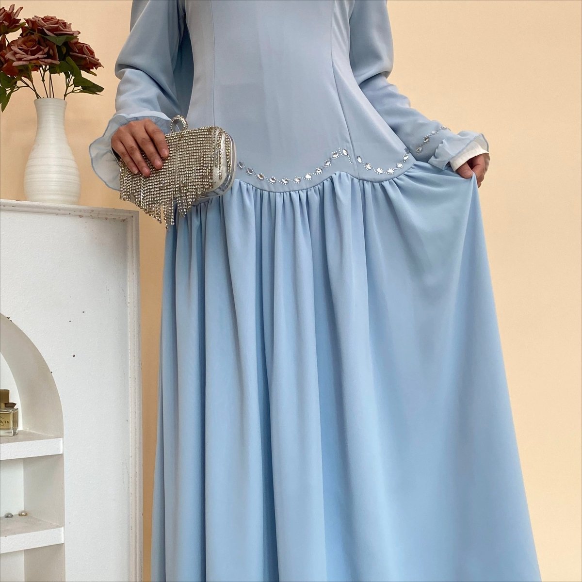 Crystal Waist Chain Dress with Ruffle Cuffs(MS306) - Mariam's Collection