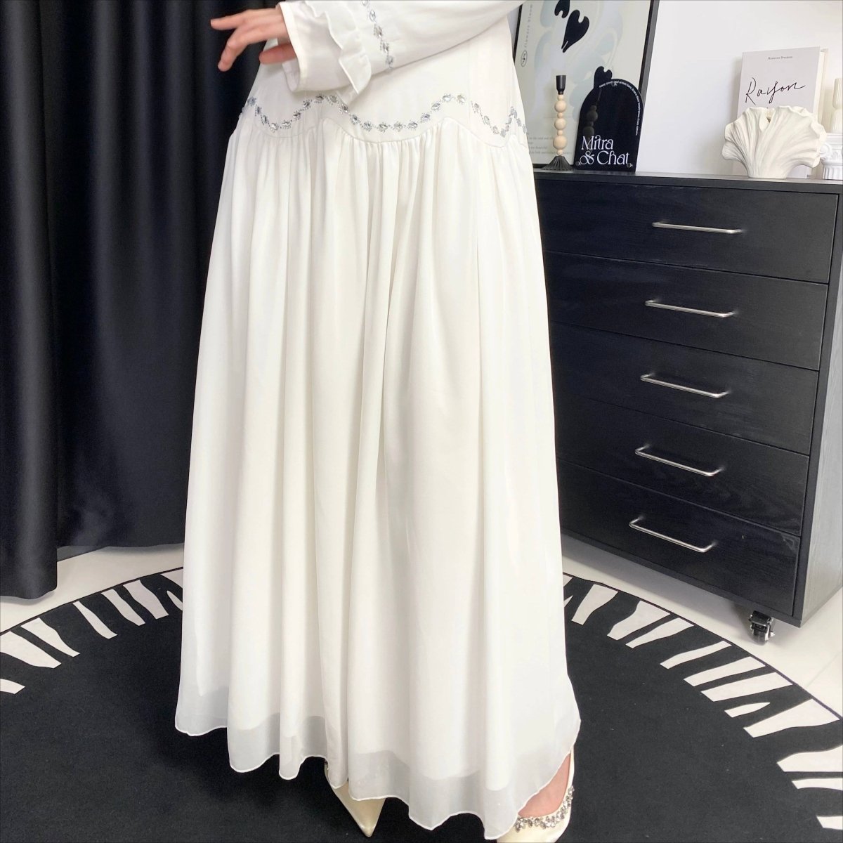 Crystal Waist Chain Dress with Ruffle Cuffs(MS306) - Mariam's Collection