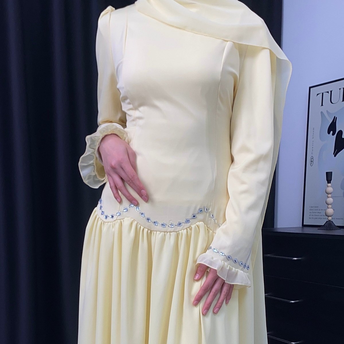 Crystal Waist Chain Dress with Ruffle Cuffs(MS306) - Mariam's Collection