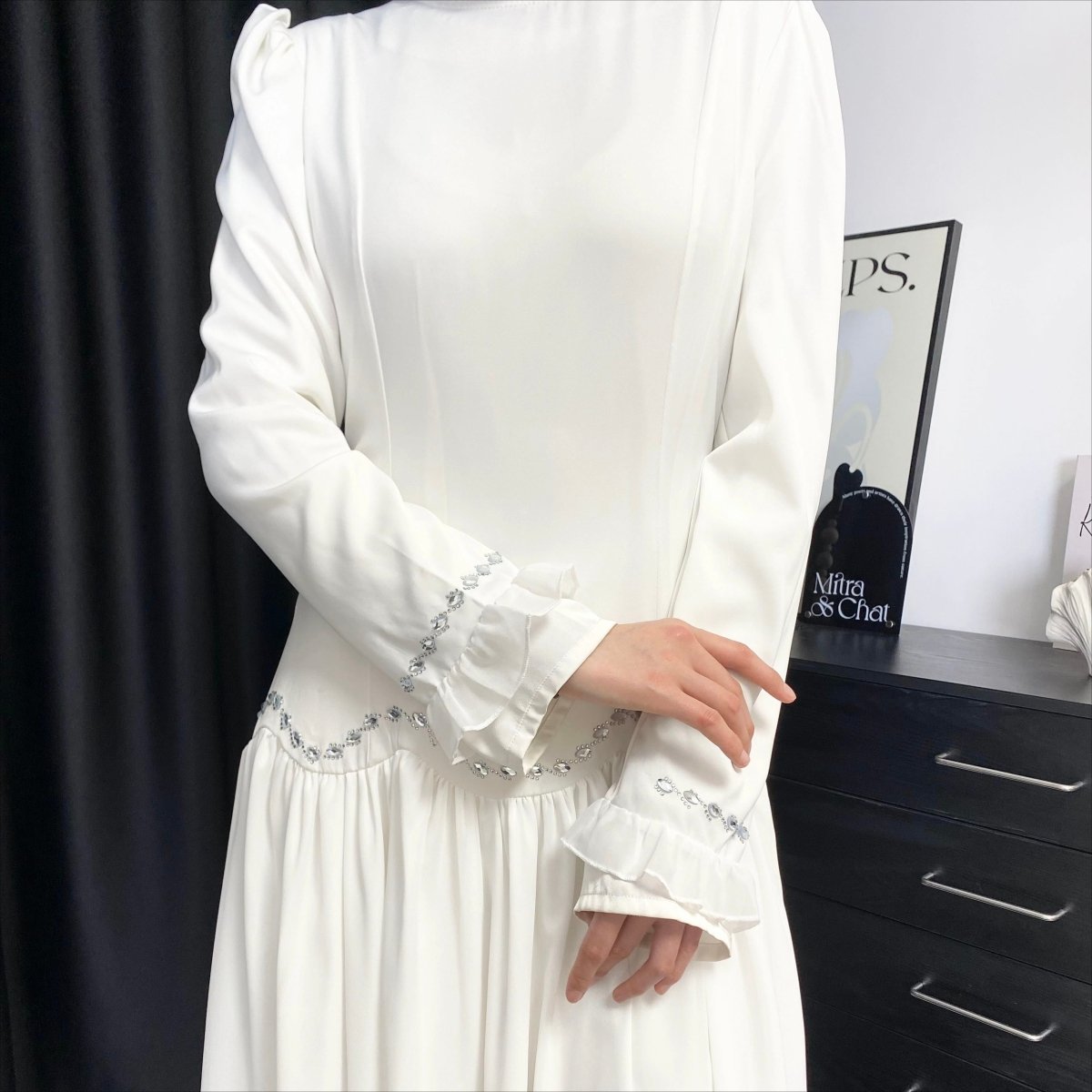 Crystal Waist Chain Dress with Ruffle Cuffs(MS306) - Mariam's Collection