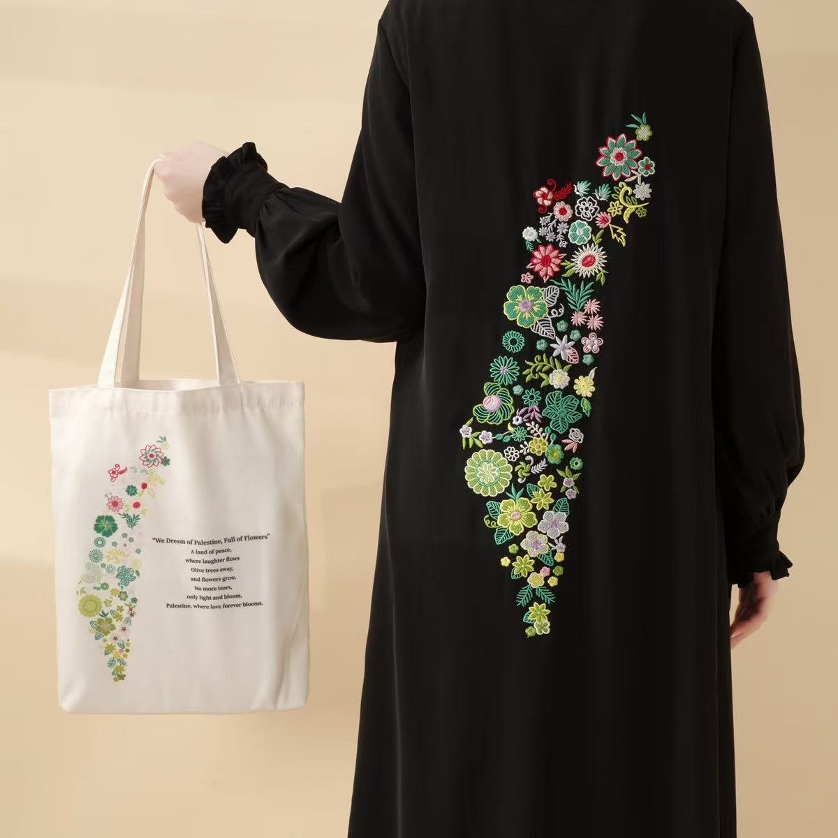 Abaya With Palestinian Embroidery & Floral Palestine Tote