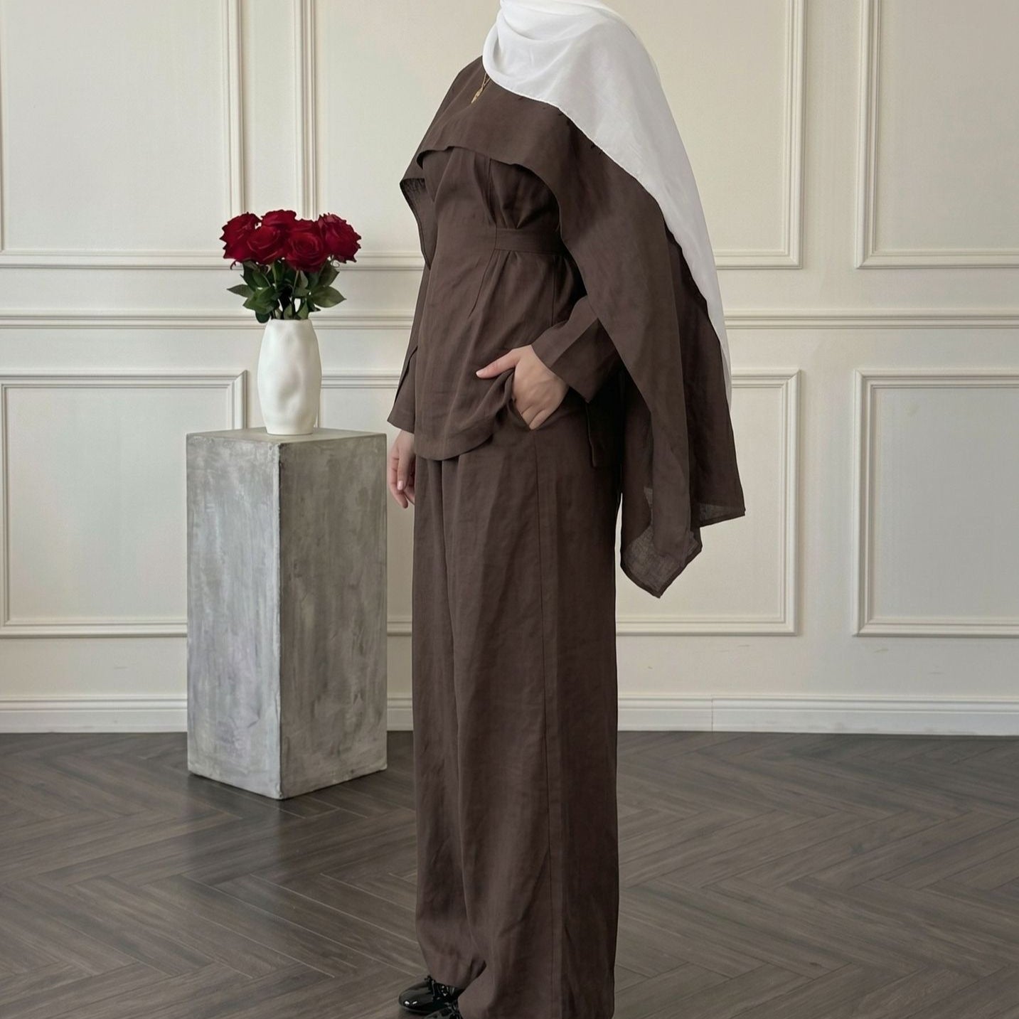 Detachable Shawl Long-Sleeve Top & Wide-Leg Trousers Three-Piece Co-ord Set(MS487)