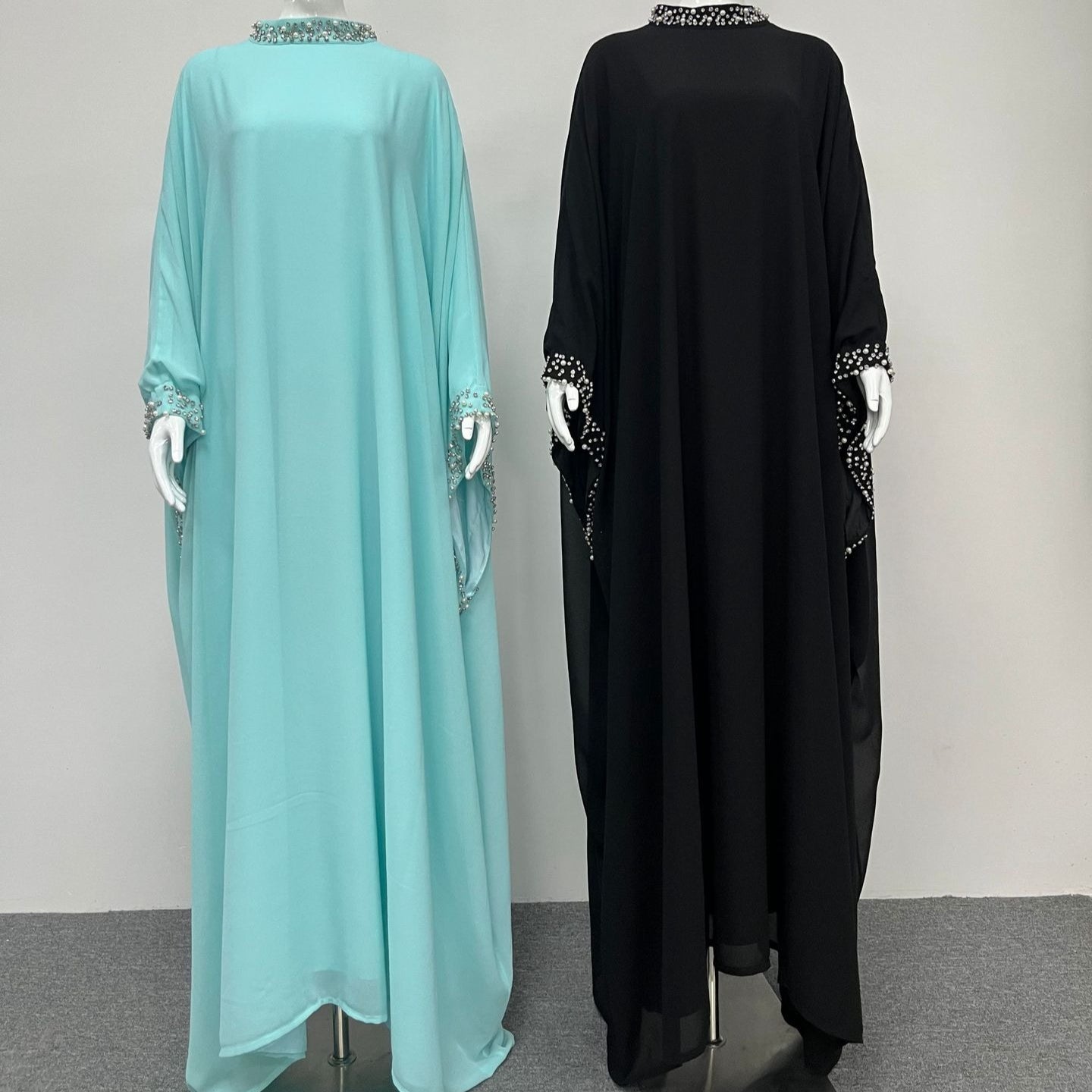 Pearl & Crystal Embellished Stand Collar Batwing Sleeve Maxi Abaya Dress(MA468)