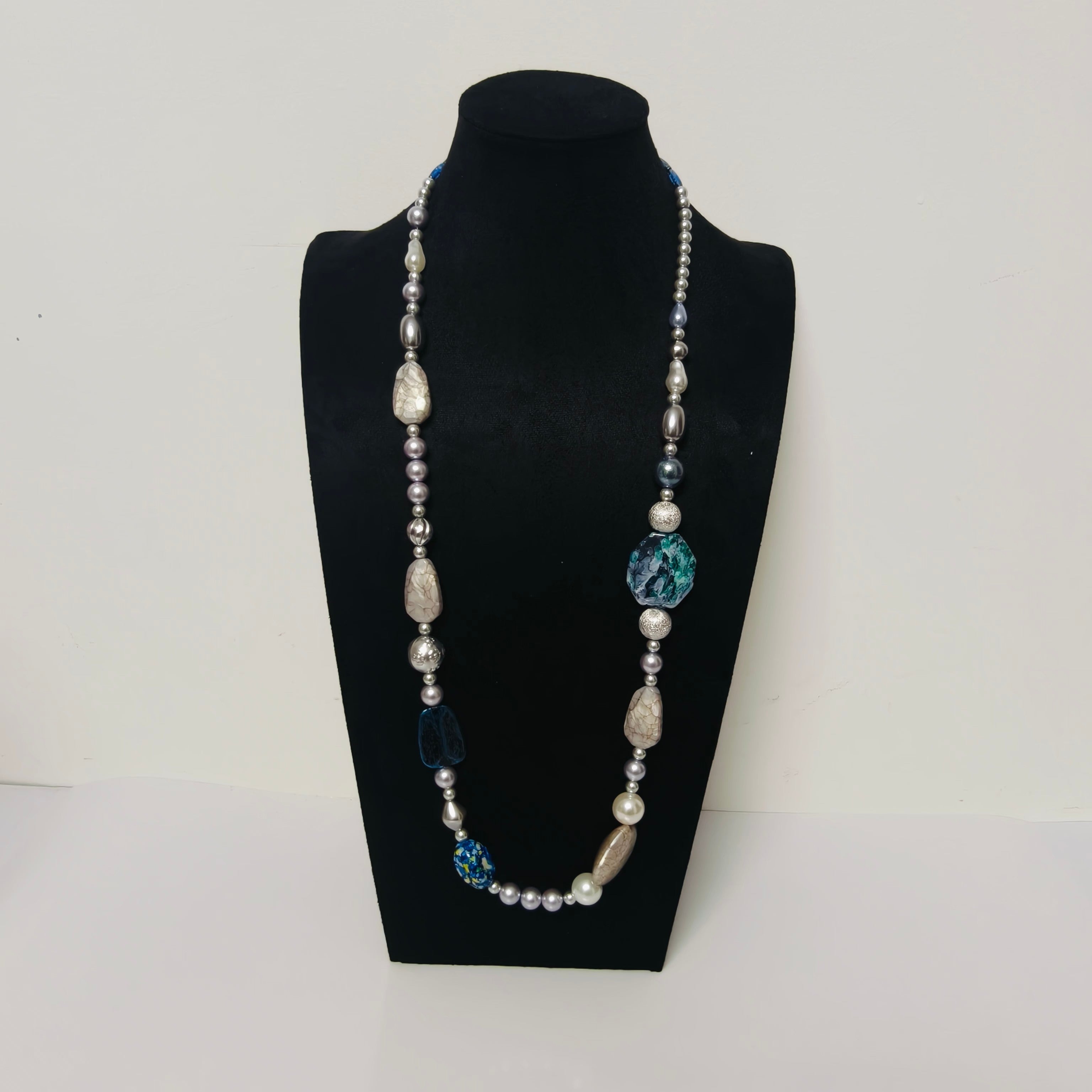 Handmade Resin & Shell Bead Necklace | Artistic Beaded Statement Necklace | Long Lightweight Boho Jewelry for Women (MAC346)