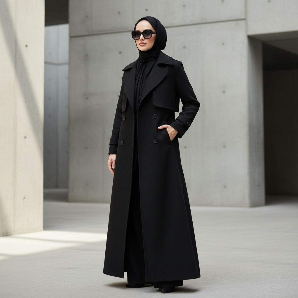 Long Wool Blend Trench Coat Abaya | Double-Breasted Belted Overcoat(MS188)