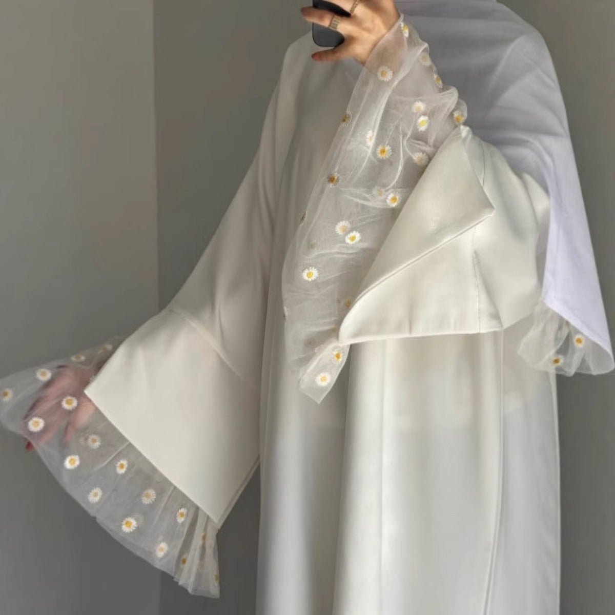 Daisy Lace Cuff Abaya | Cream White Elegant Muslim Modest Dress. (MA250) - Mariam's Collection