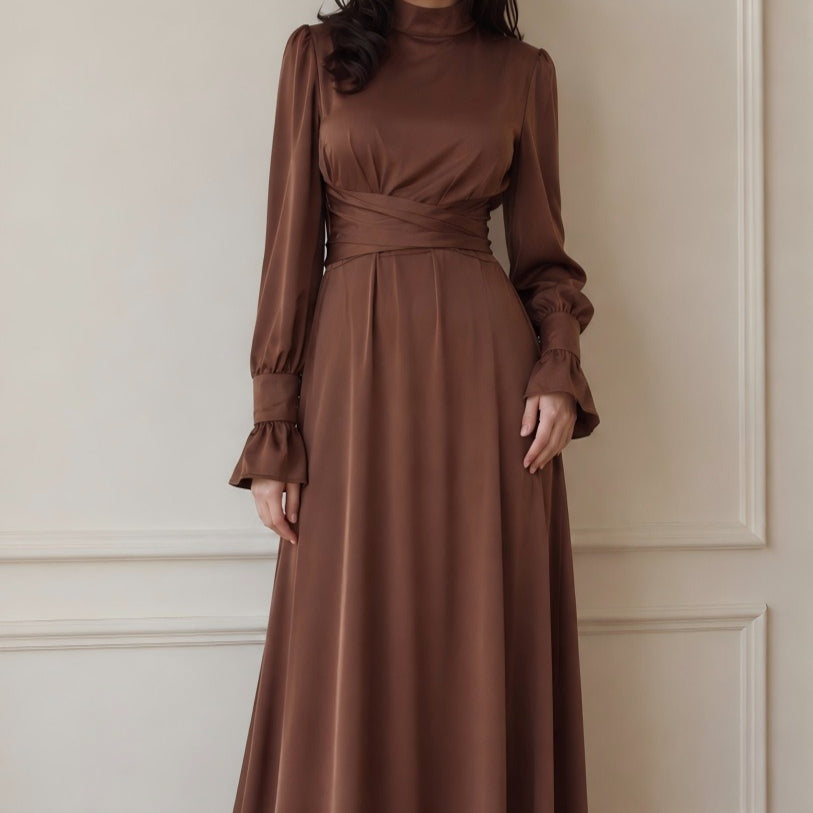 Satin Cross-Wrap Waist Maxi Dress(MS506)