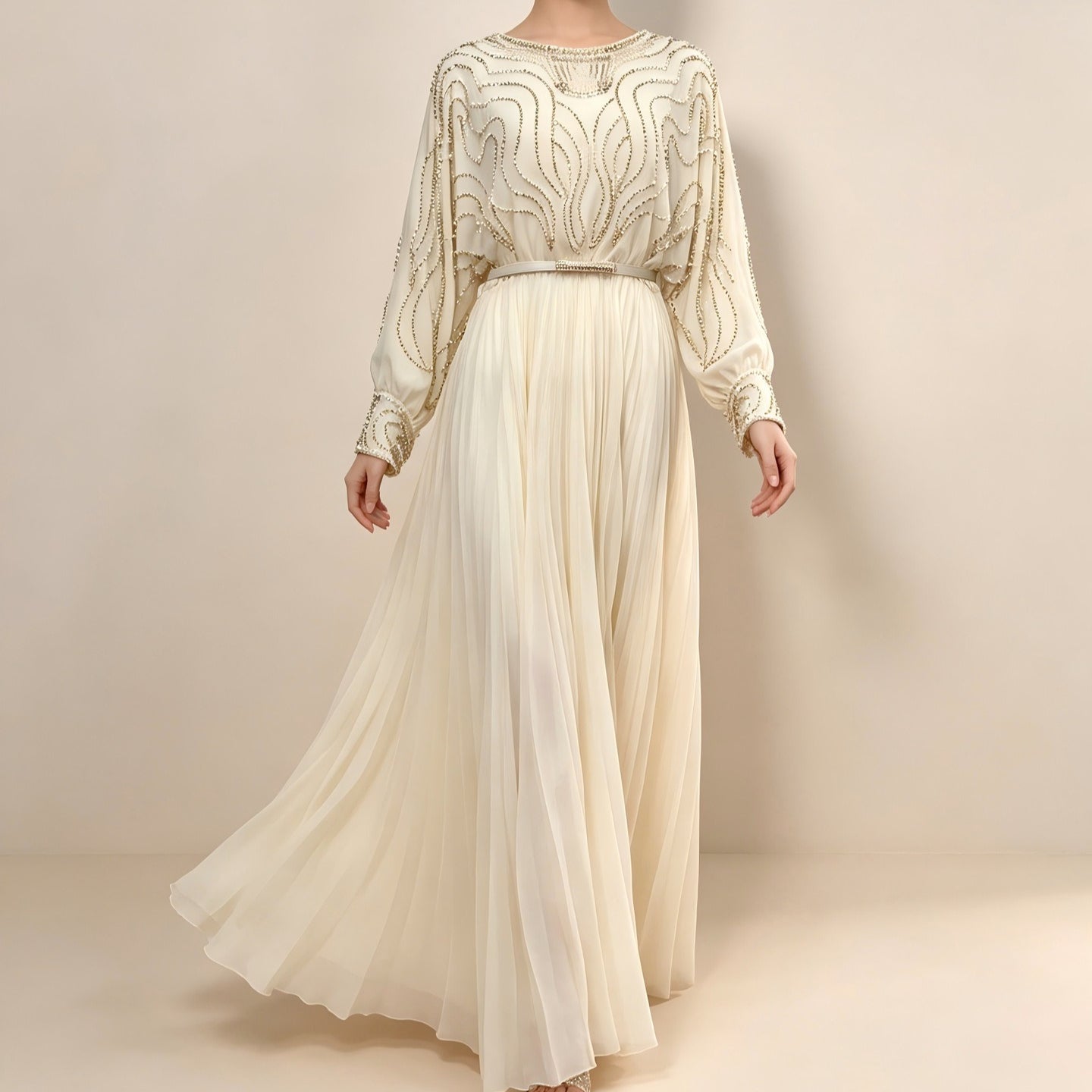 Handbeaded Pearl & Crystal Batwing Maxi Dress(MS529)