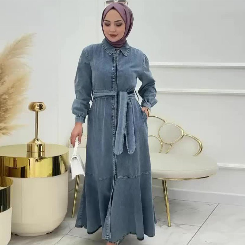 Denim Shirt Dress with Belt(MS330) - Mariam's Collection