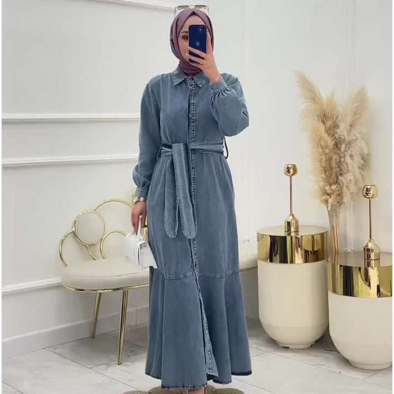 Denim Shirt Dress with Belt(MS330) - Mariam's Collection