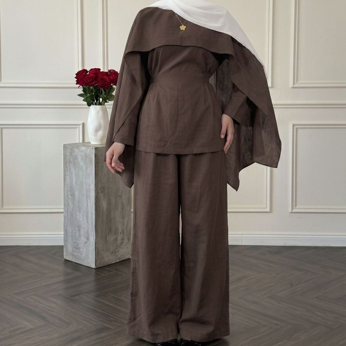 Detachable Shawl Long-Sleeve Top & Wide-Leg Trousers Three-Piece Co-ord Set(MS487) - Mariam's Collection
