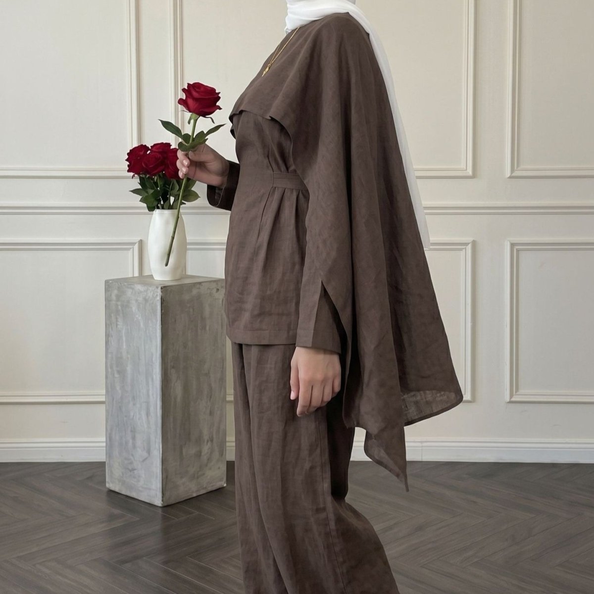 Detachable Shawl Long-Sleeve Top & Wide-Leg Trousers Three-Piece Co-ord Set(MS487) - Mariam's Collection
