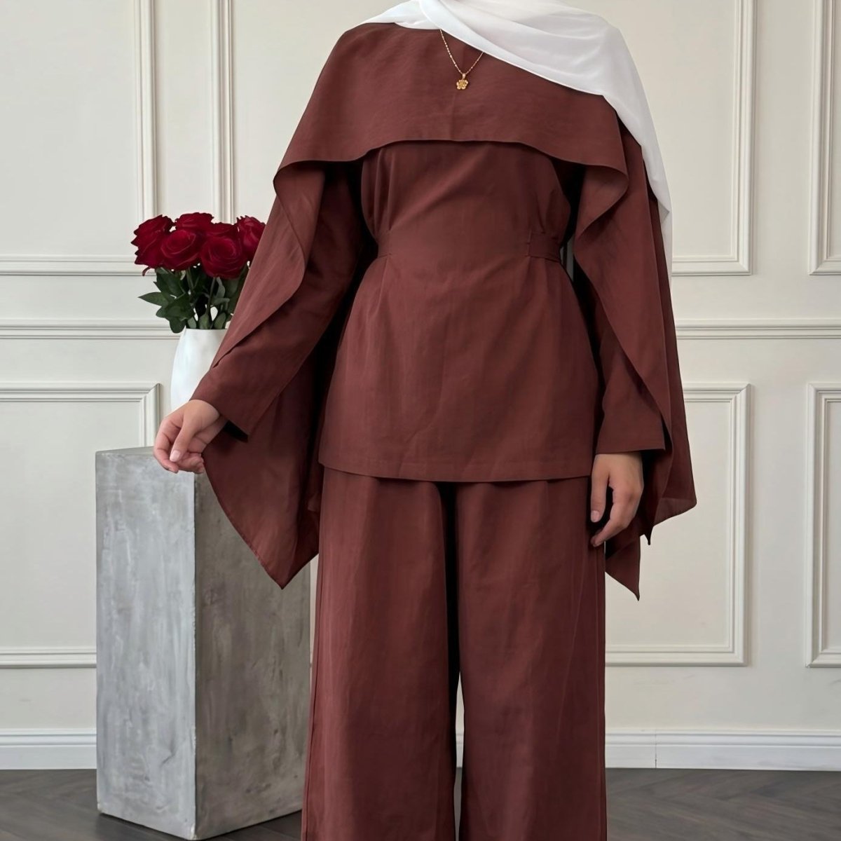 Detachable Shawl Long-Sleeve Top & Wide-Leg Trousers Three-Piece Co-ord Set(MS487) - Mariam's Collection