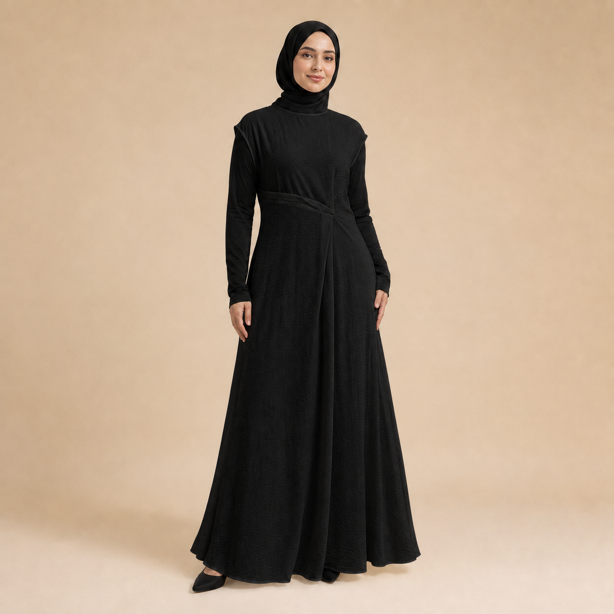 Textured Crepe Cap Shoulder Maxi Dress with Waist Pleat & Back Zip (MS436)(MS436)
