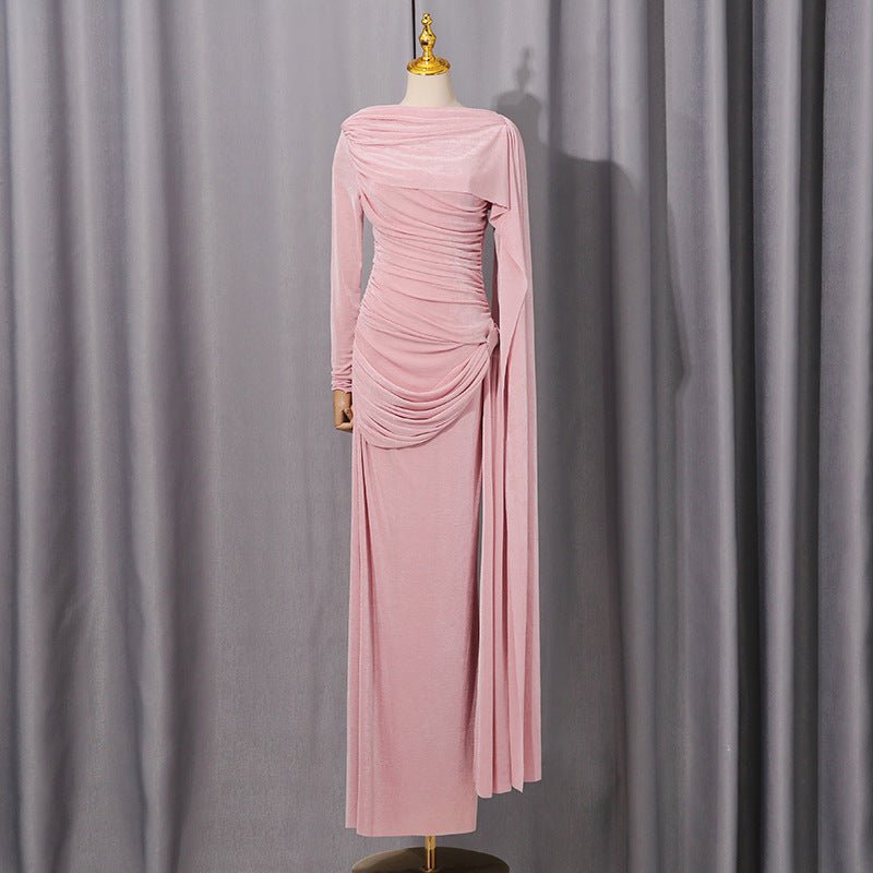 Diagonal Ruched Cape Gown | Asymmetric Draped Long Sleeve Maxi Dress(MS222) - Mariam's Collection