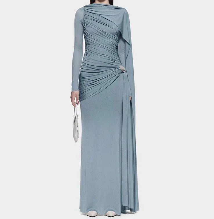 fitted lace wedding dress Diagonal Ruched Cape Gown
