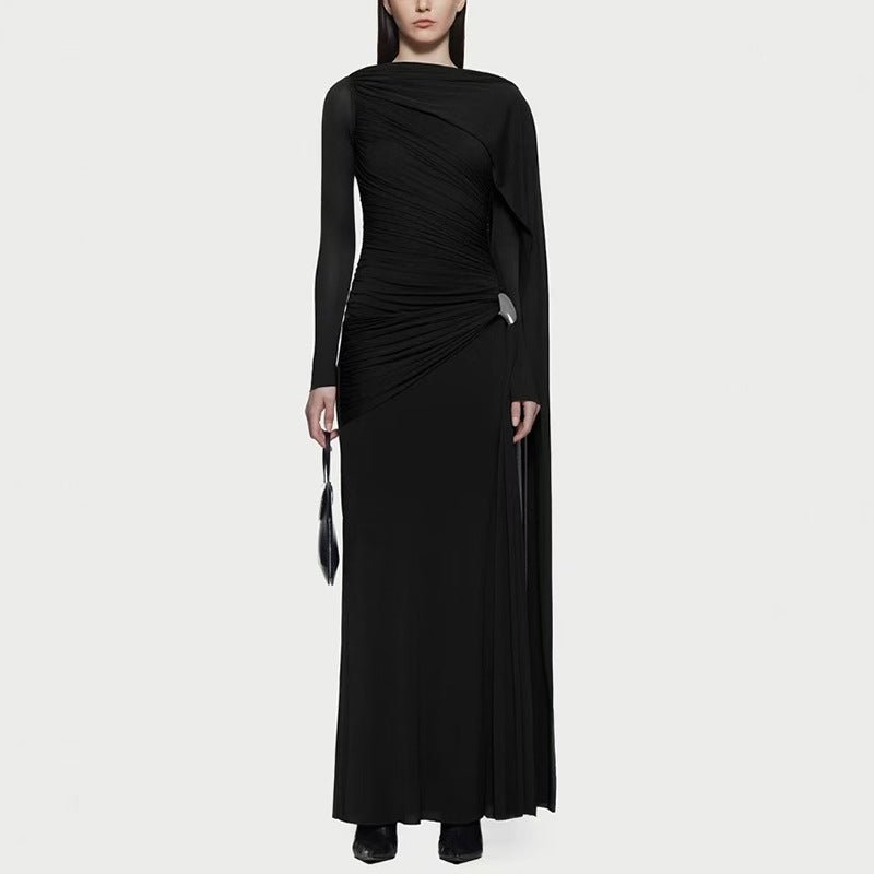 Diagonal Ruched Cape Gown | Asymmetric Draped Long Sleeve Maxi Dress(MS222) - Mariam's Collection