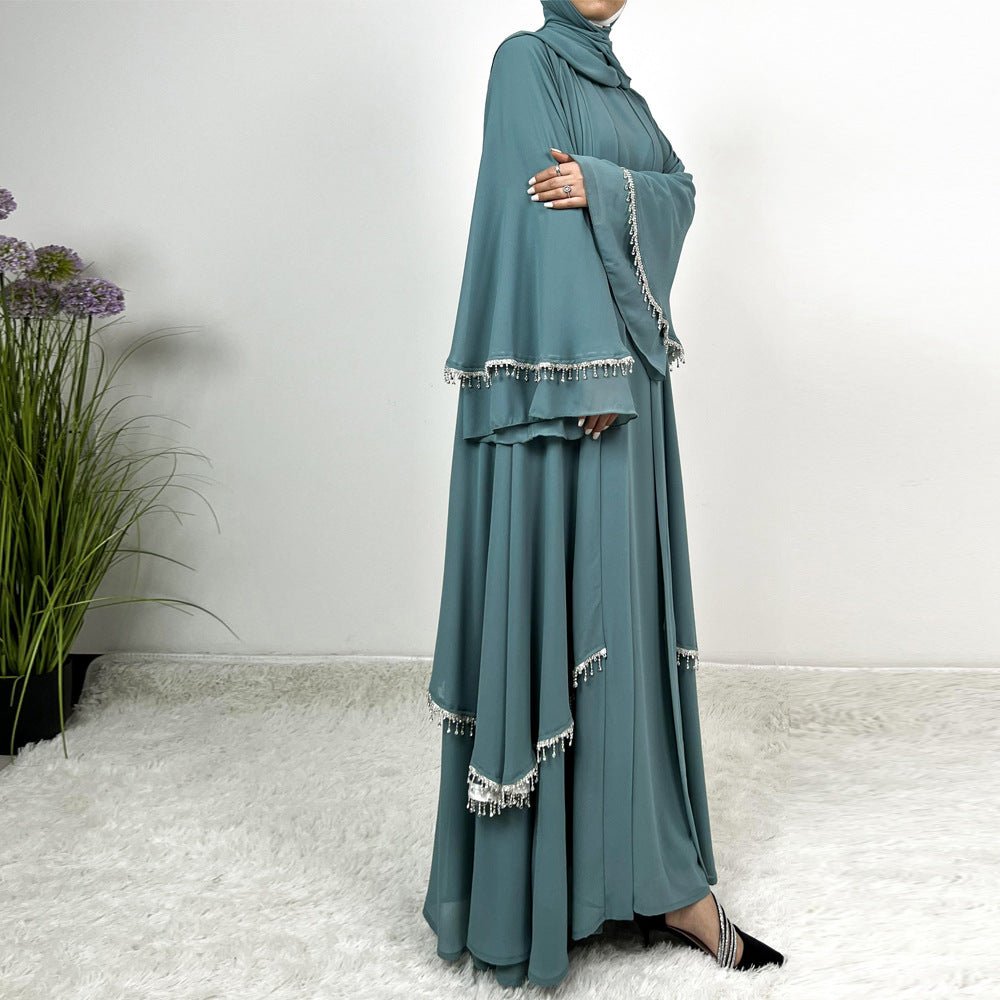 Diamond Beaded Fringe Flare Sleeve Chiffon Maxi Abaya Set. (MOA148) - Mariam's Collection
