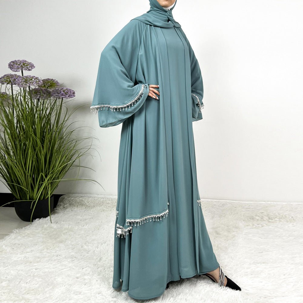 Diamond Beaded Fringe Flare Sleeve Chiffon Maxi Abaya Set. (MOA148) - Mariam's Collection