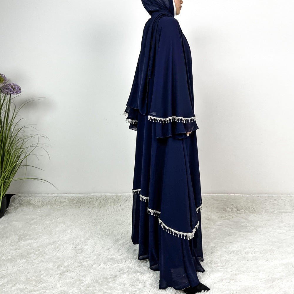Diamond Beaded Fringe Flare Sleeve Chiffon Maxi Abaya Set. (MOA148) - Mariam's Collection