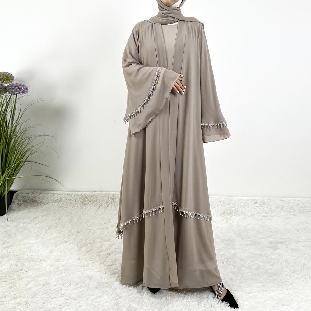 Diamond Beaded Fringe Flare Sleeve Chiffon Maxi Abaya Set. (MOA148) - Mariam's Collection