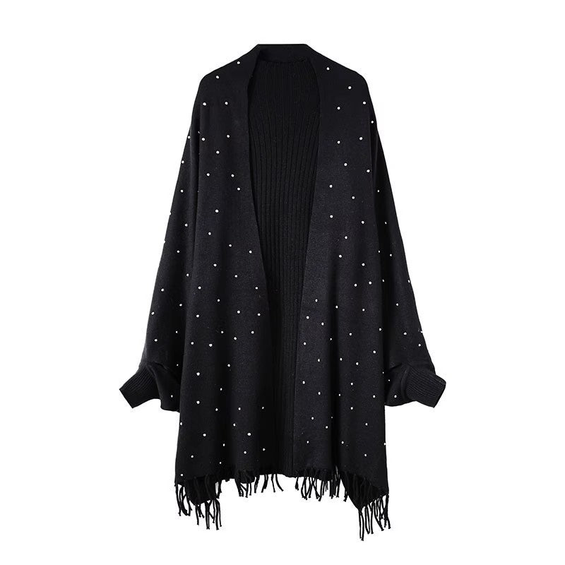 Diamond Embellished Cape Cardigan | Fringe Trim Knit Shawl Sweater(MS211) - Mariam's Collection