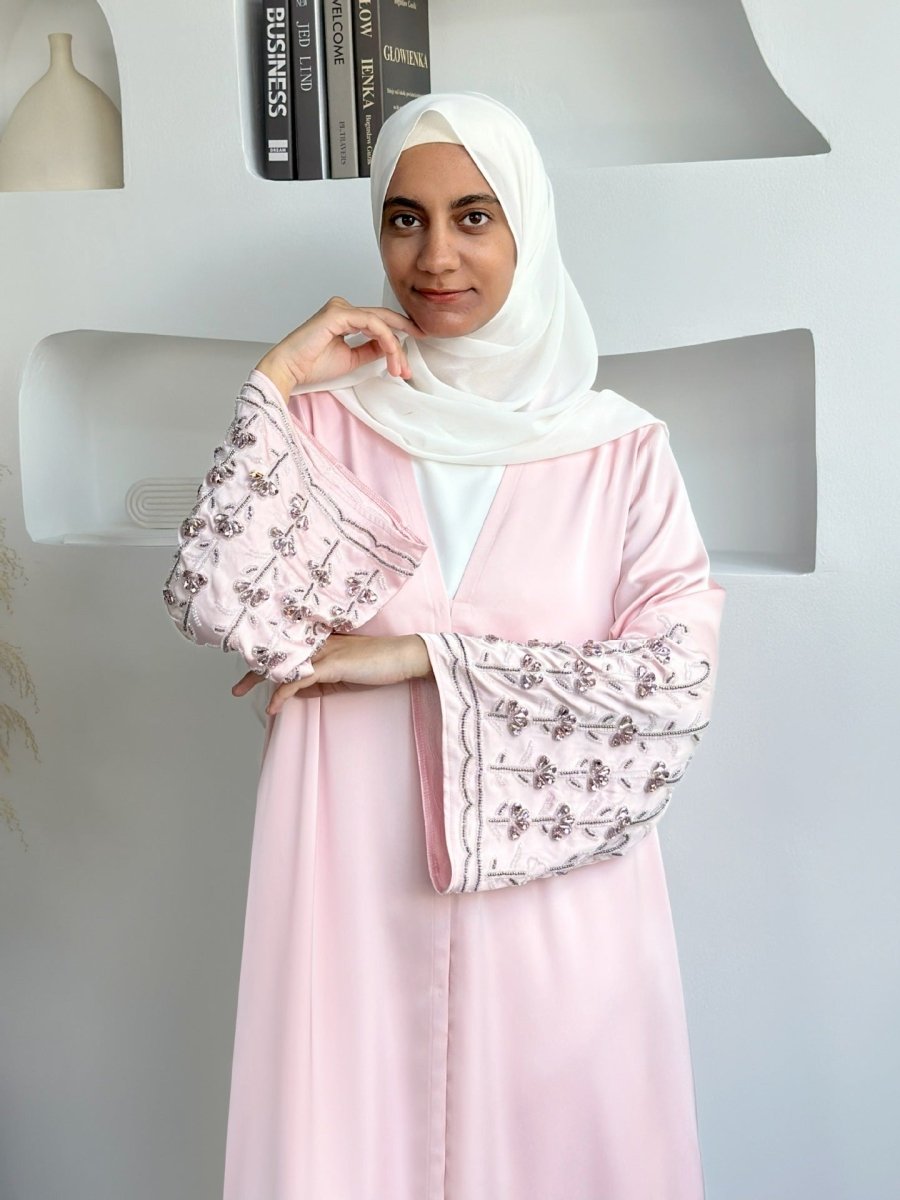 Diamond Glow Abaya Collection | Luxury Modest Fashion White & Blush Pink Embroidered Robes with Floral Sleeves(MOA205) - Mariam's Collection