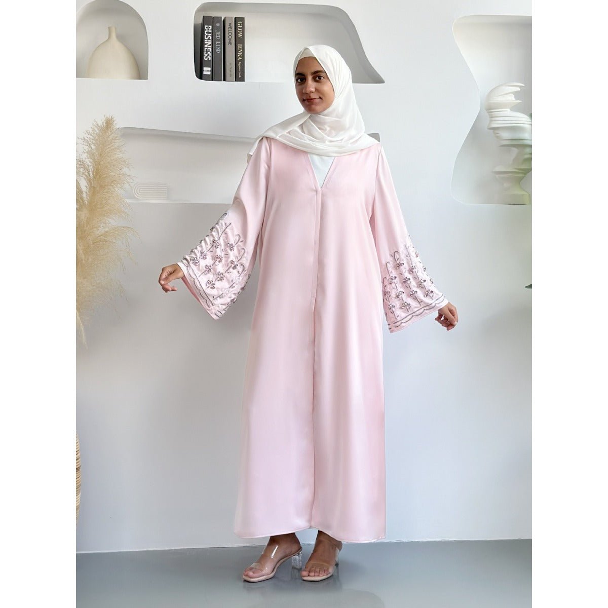 Diamond Glow Abaya Collection | Luxury Modest Fashion White & Blush Pink Embroidered Robes with Floral Sleeves(MOA205) - Mariam's Collection
