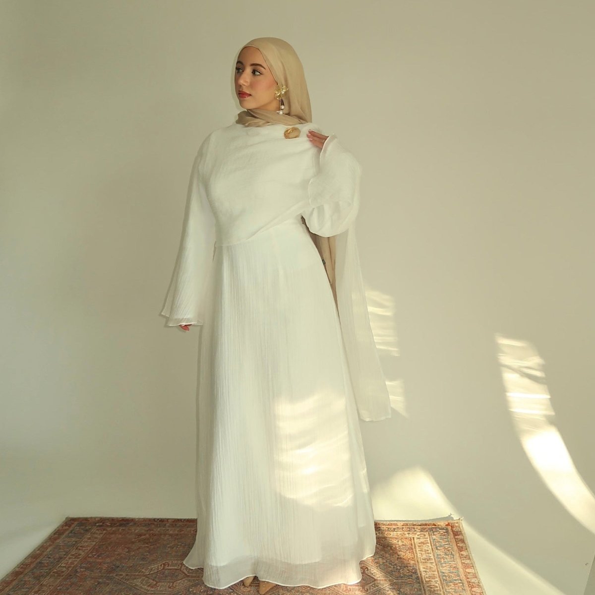 Double - Layer Abaya with Attached Cape | Textured Maxi Dress with Decorative Brooch(MA334) - Mariam's Collection