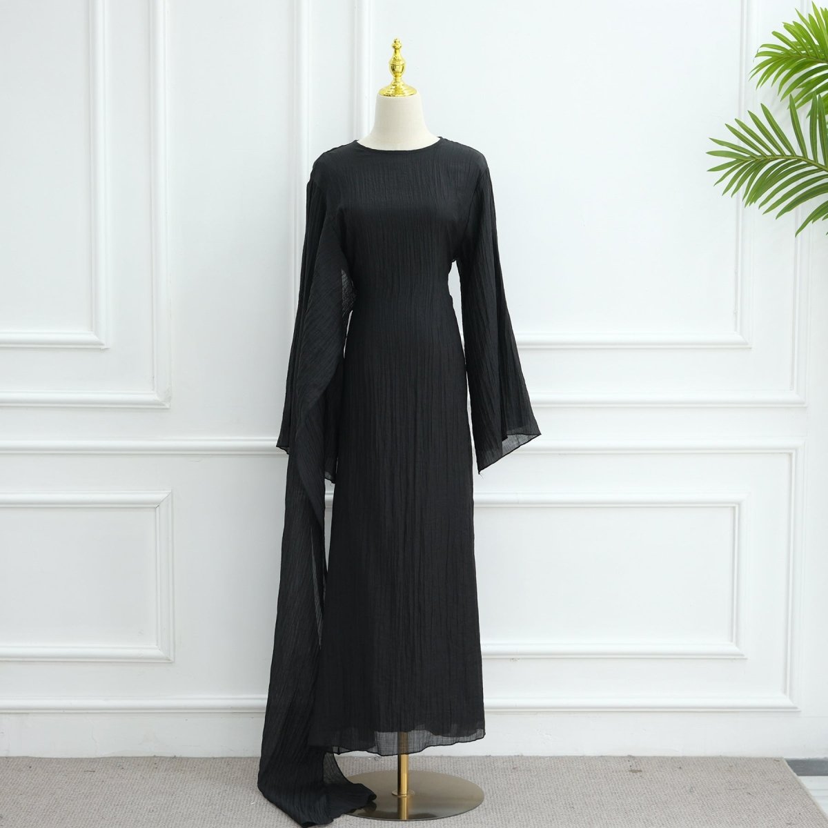 Double - Layer Abaya with Attached Cape | Textured Maxi Dress with Decorative Brooch(MA334) - Mariam's Collection