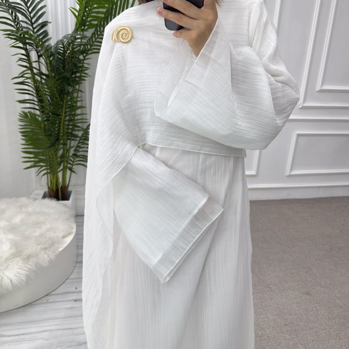 Double - Layer Abaya with Attached Cape | Textured Maxi Dress with Decorative Brooch(MA334) - Mariam's Collection