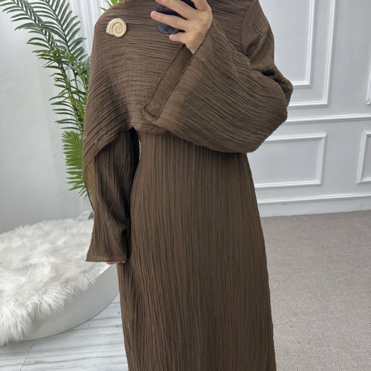 Double - Layer Abaya with Attached Cape | Textured Maxi Dress with Decorative Brooch(MA334) - Mariam's Collection