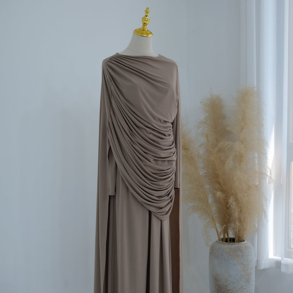 Draped Cape Top & Wide-Leg Trousers Set | Elegant Stretch Two-Piece Outfit(MS586) - Mariam's Collection