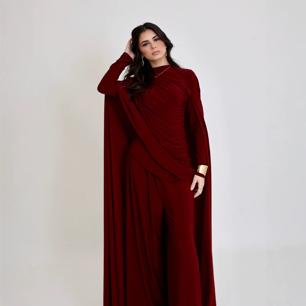 Draped Cape Top & Wide-Leg Trousers Set | Elegant Stretch Two-Piece Outfit(MS586) - Mariam's Collection