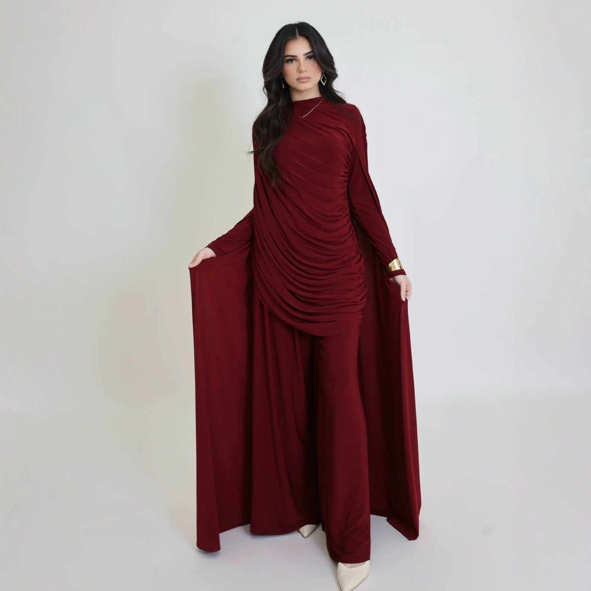 Draped Cape Top & Wide-Leg Trousers Set | Elegant Stretch Two-Piece Outfit(MS586) - Mariam's Collection