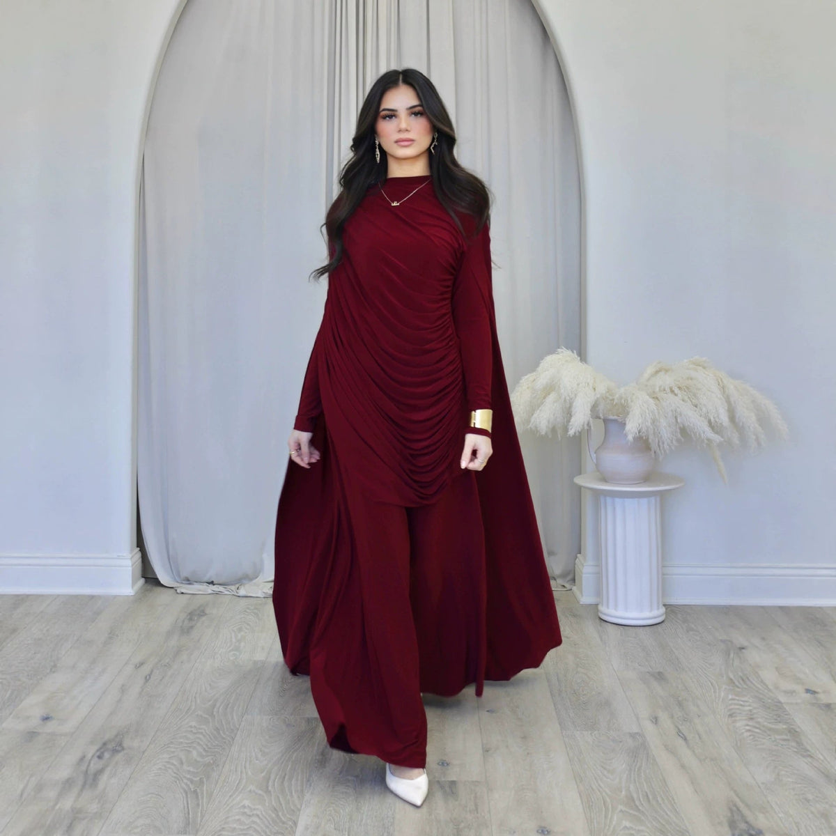 Draped Cape Top & Wide-Leg Trousers Set | Elegant Stretch Two-Piece Outfit(MS586) - Mariam's Collection