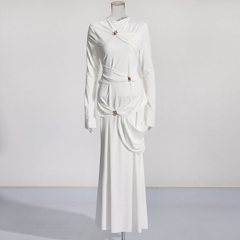 Side view of draped evening abaya with asymmetric ruching