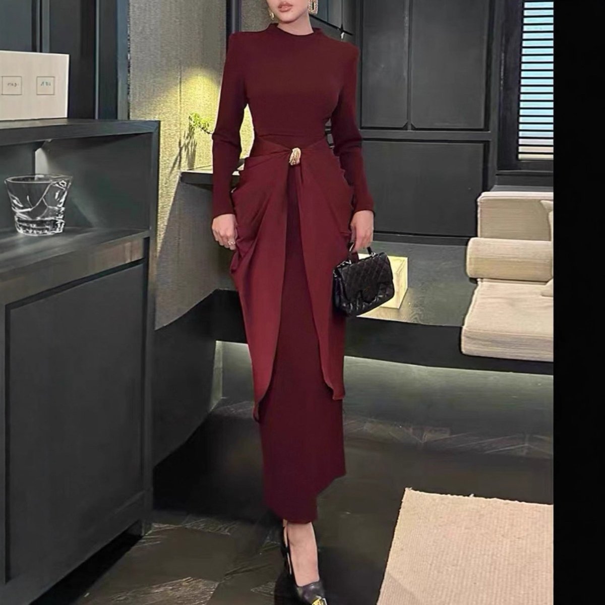 jersey maxi dress sale Draped Dress(MS386) Color Name:GREEN-BLACK