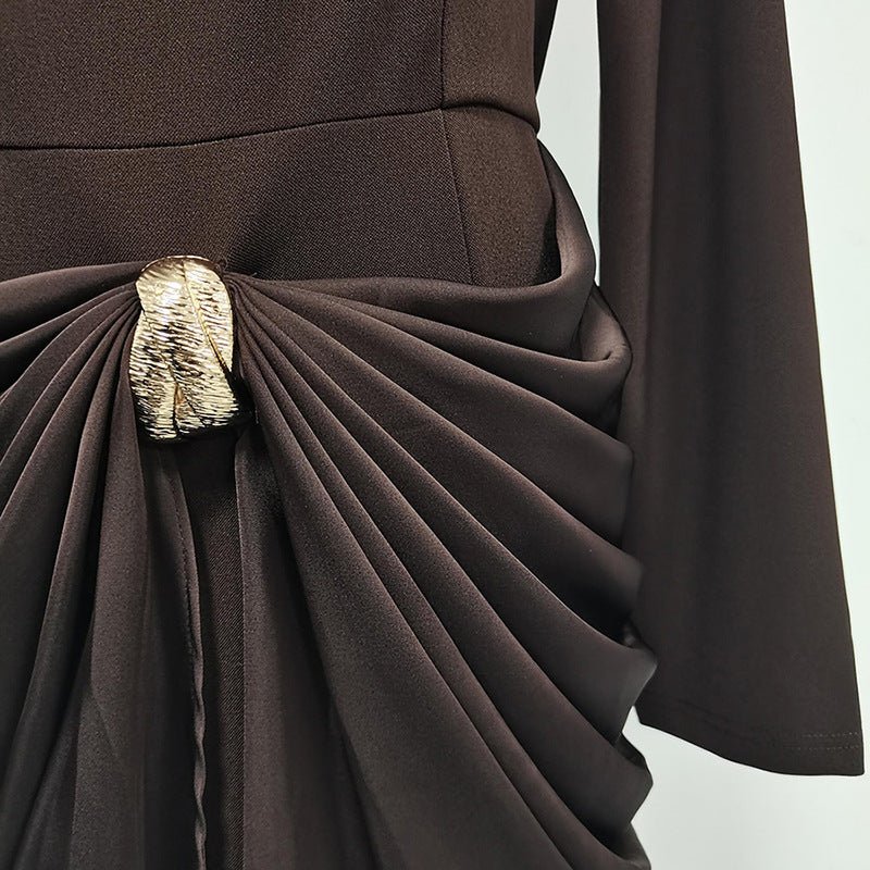 Draped Satin Skirt Dress with Jeweled Brooch(MS321) - Mariam's Collection